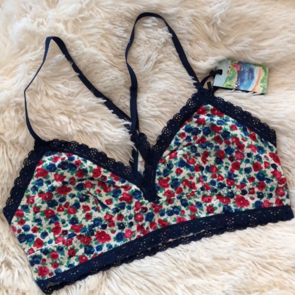 Gilly Hicks Floral Lace Trim Racerback Bralette in Blue Red Size Small